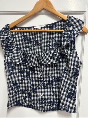 Olivaceous Navy & White Gingham Ruffle Button-Front Camisole